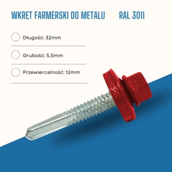 Wkręt farmerski do metalu 5,5X32 mm przewiercalność 12 mm w kolorze RAL 3011